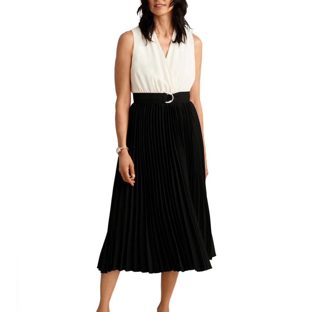 Anne Klein V-neck Pleated Belted Dress